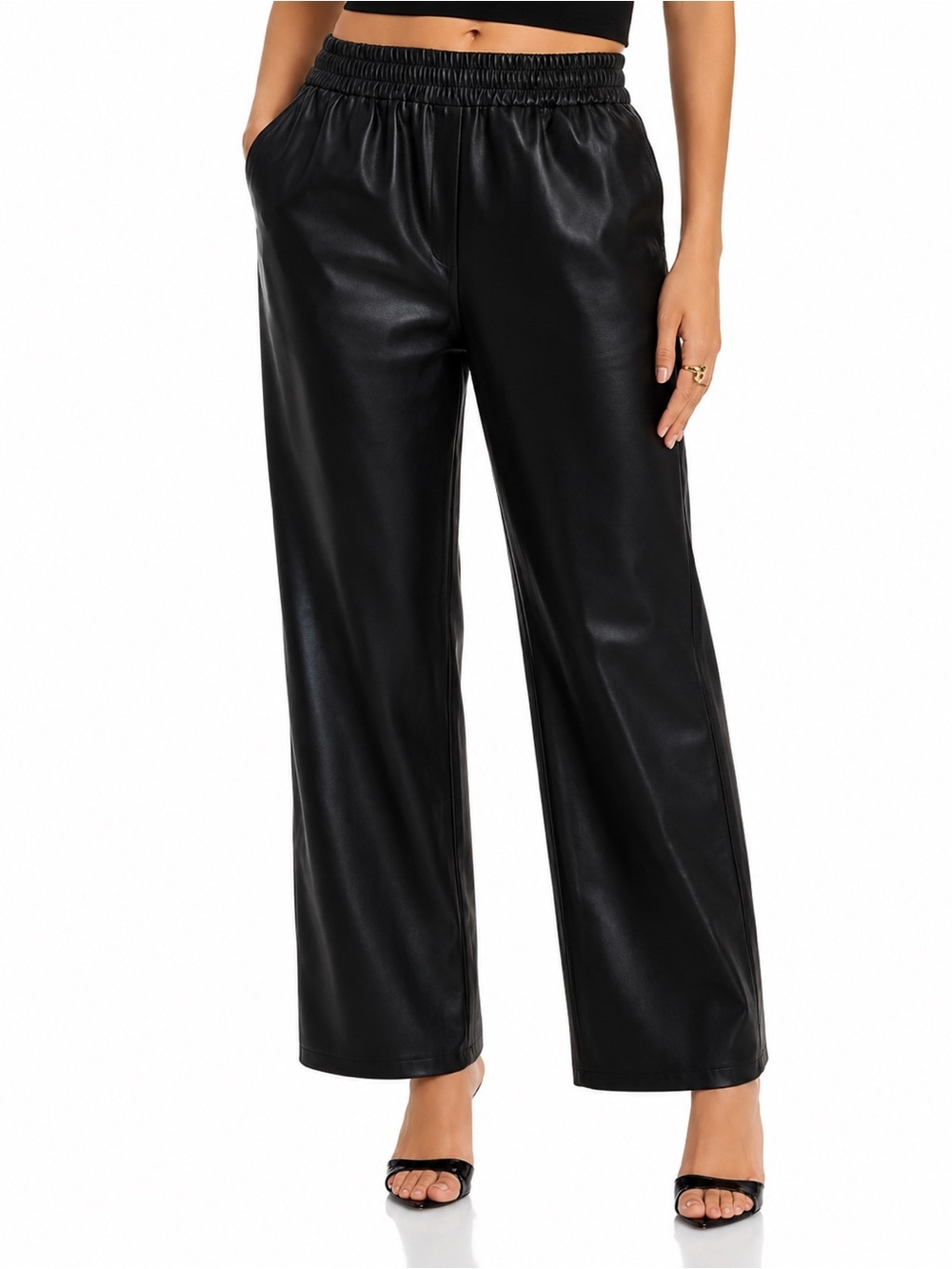 AQUA Black Faux Leather High Rise Pull On Wide Leg Pants. Size XS